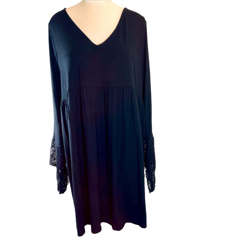 ASOS V Neck Lace Trimmed Bell Sleeve Babydoll Dress Black Size 16 Witchy…
